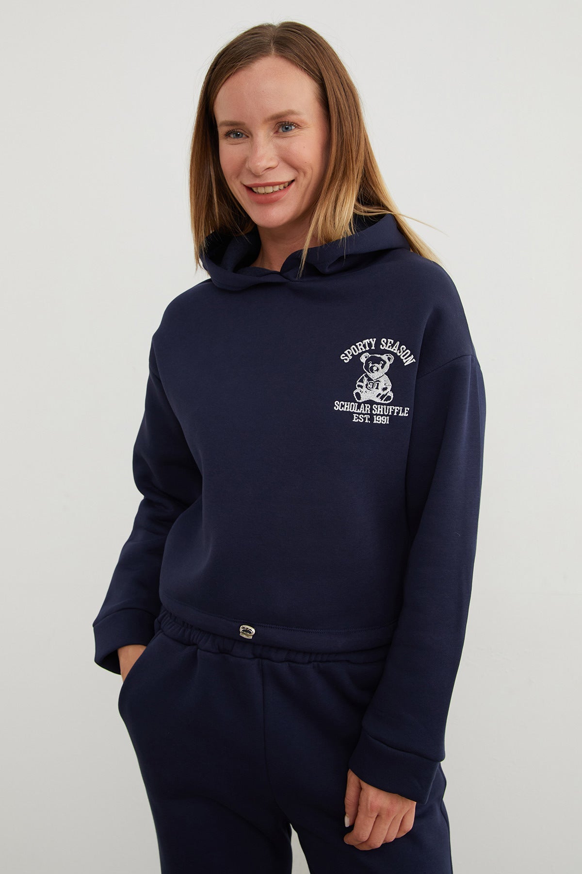 3 Yarn Teddy Bear Embroidered Hooded Jogger Tracksuit Set - MALLTURK