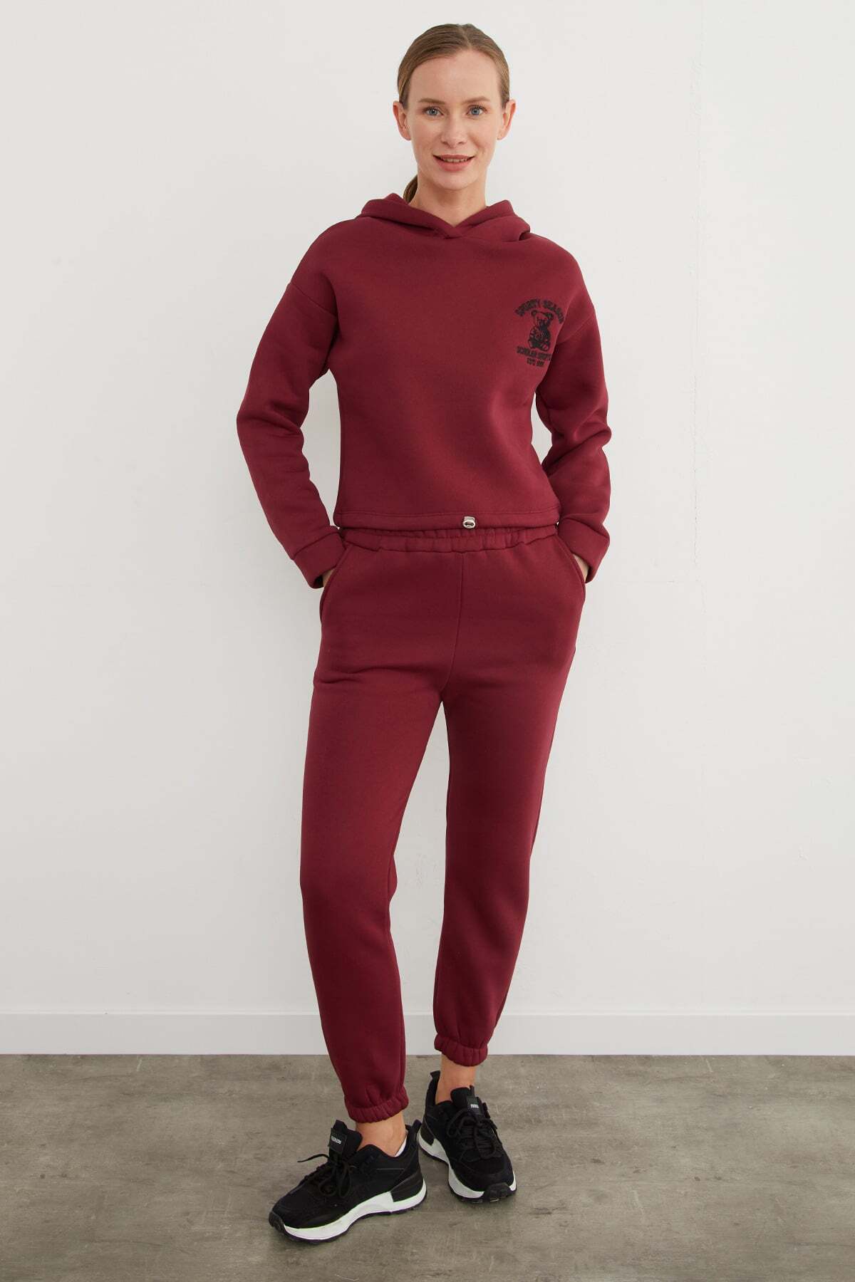 3 Yarn Teddy Bear Embroidered Hooded Jogger Tracksuit Set - MALLTURK