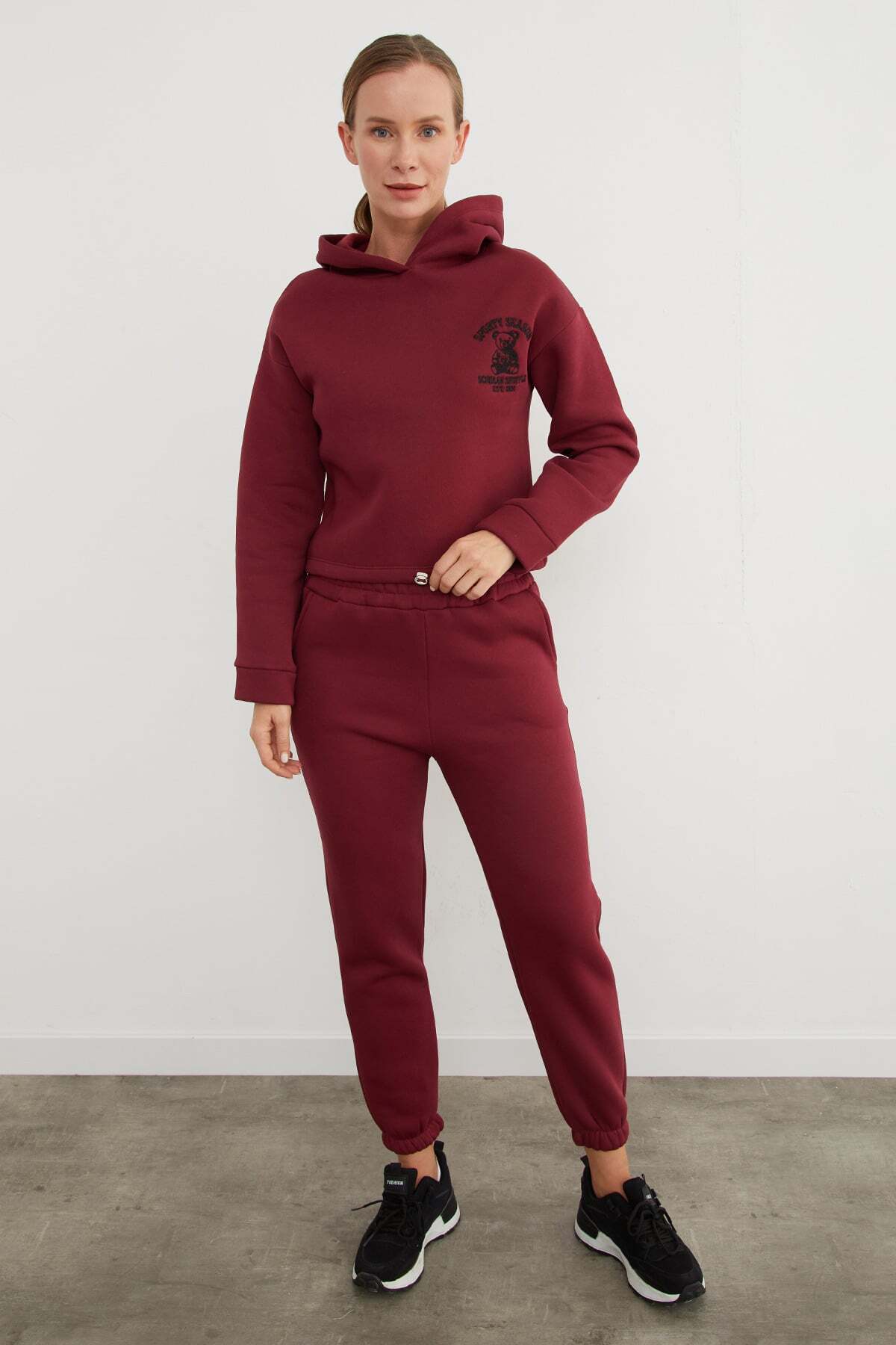 3 Yarn Teddy Bear Embroidered Hooded Jogger Tracksuit Set - MALLTURK