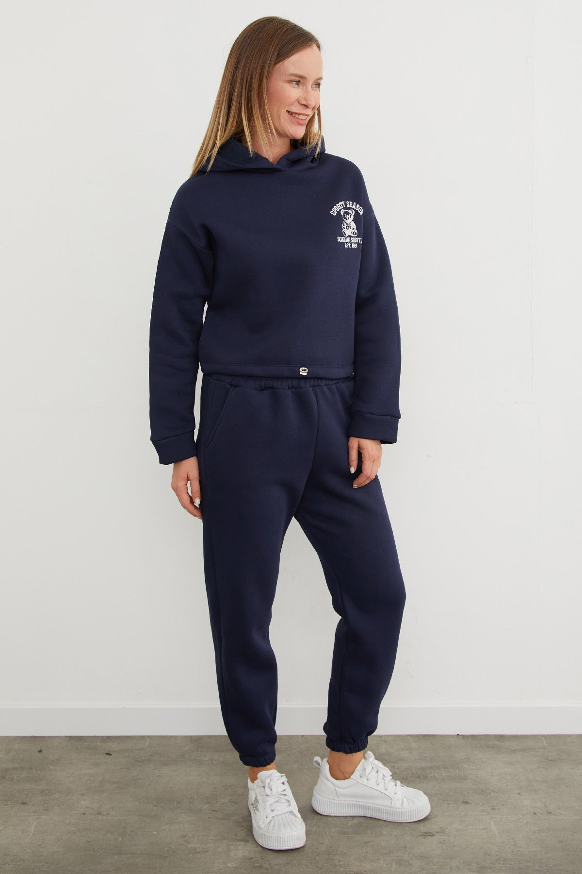 3 Yarn Teddy Bear Embroidered Hooded Jogger Tracksuit Set - MALLTURK
