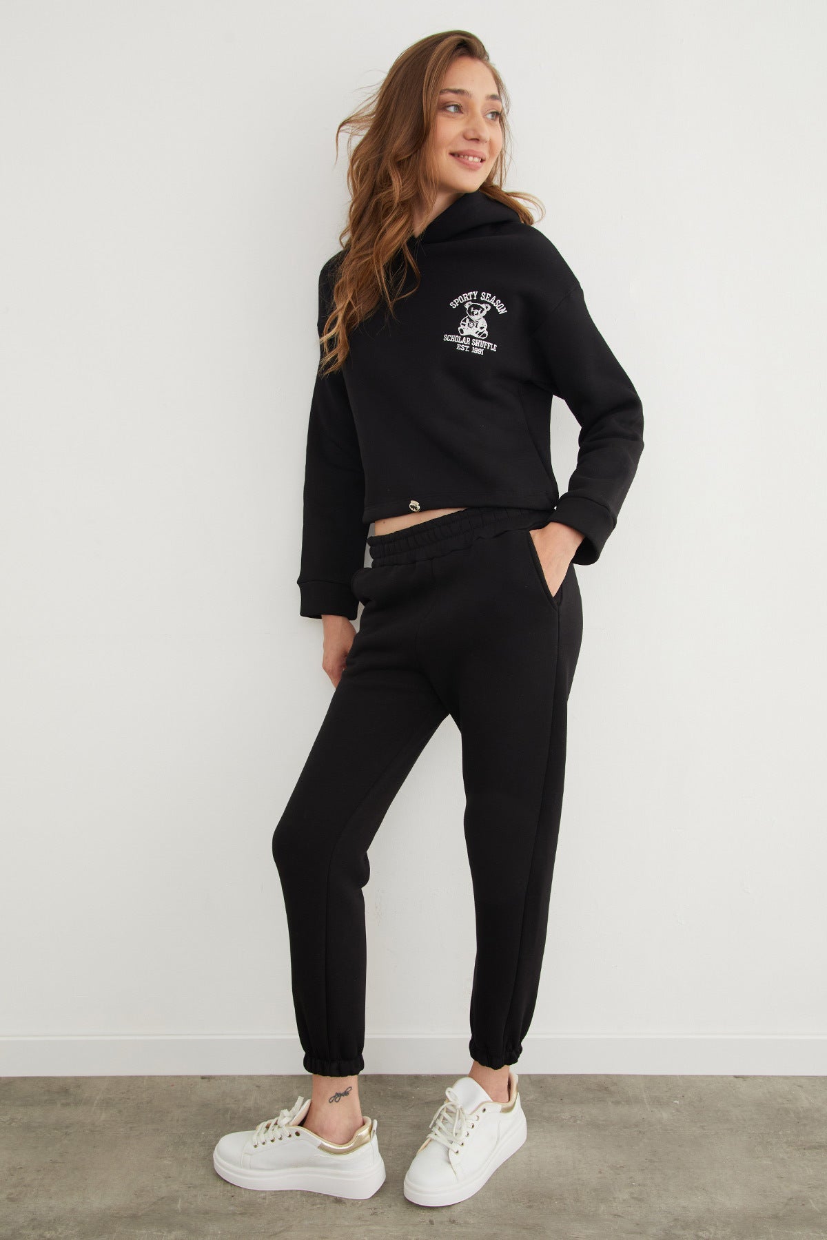 3 Yarn Teddy Bear Embroidered Hooded Jogger Tracksuit Set - MALLTURK