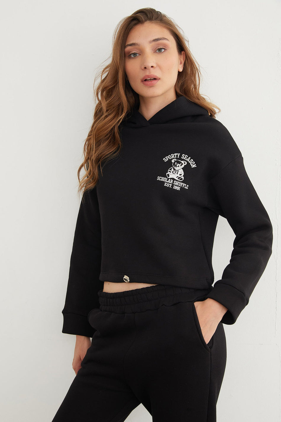 3 Yarn Teddy Bear Embroidered Hooded Jogger Tracksuit Set - MALLTURK