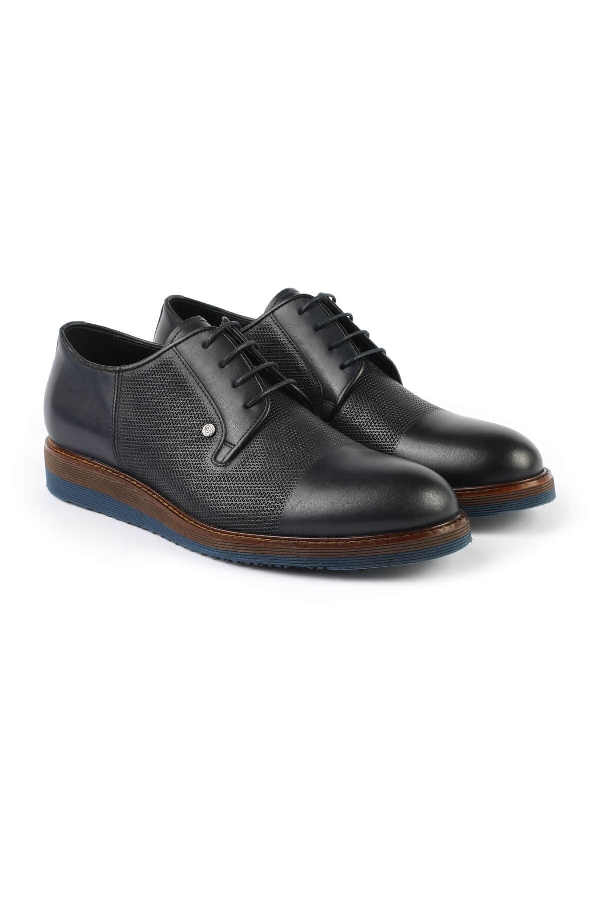 3052 Navy Blue Leather Eva Flat Sole Men's Classic Oxford Shoes - MALLTURK