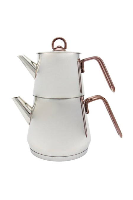 Akdeniz Pyramid Elite Mini size Stainless Steel Teapot Set - Special Series Teapot with Copper Color Metal Handles - MALLTURK
