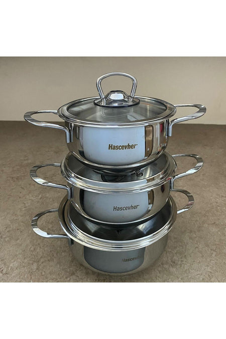 Hascevher 6 Piece Kumsal Cookware Set Cam with Lid- Kulplu - MALLTURK