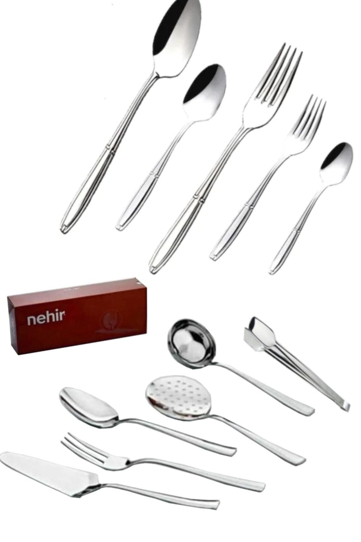 Nehir Plain parlak bicaksiz Fork Spoon Set servis setli 66 Piece 12 Place Setting - MALLTURK