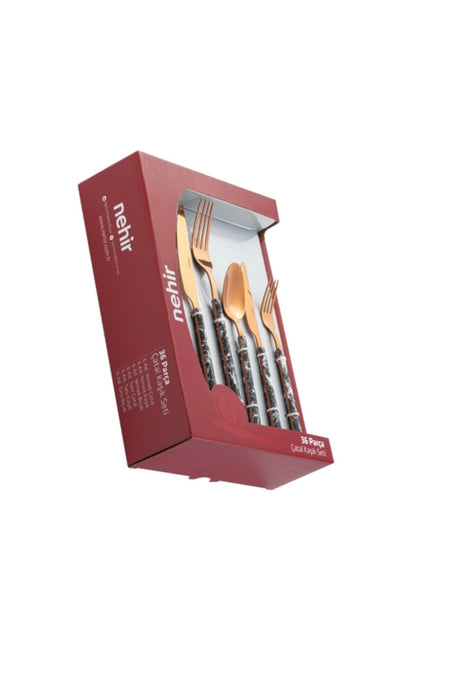 Nehir 36 Piece modern bronz Flatware Set Set 6 Place Setting - MALLTURK