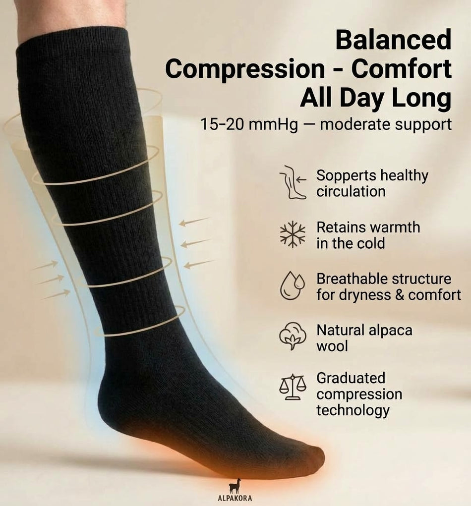 Chaussettes de compression ALPAKORA montantes jusqu'au genou en laine d'alpaga, 15–20 mmHg, noires