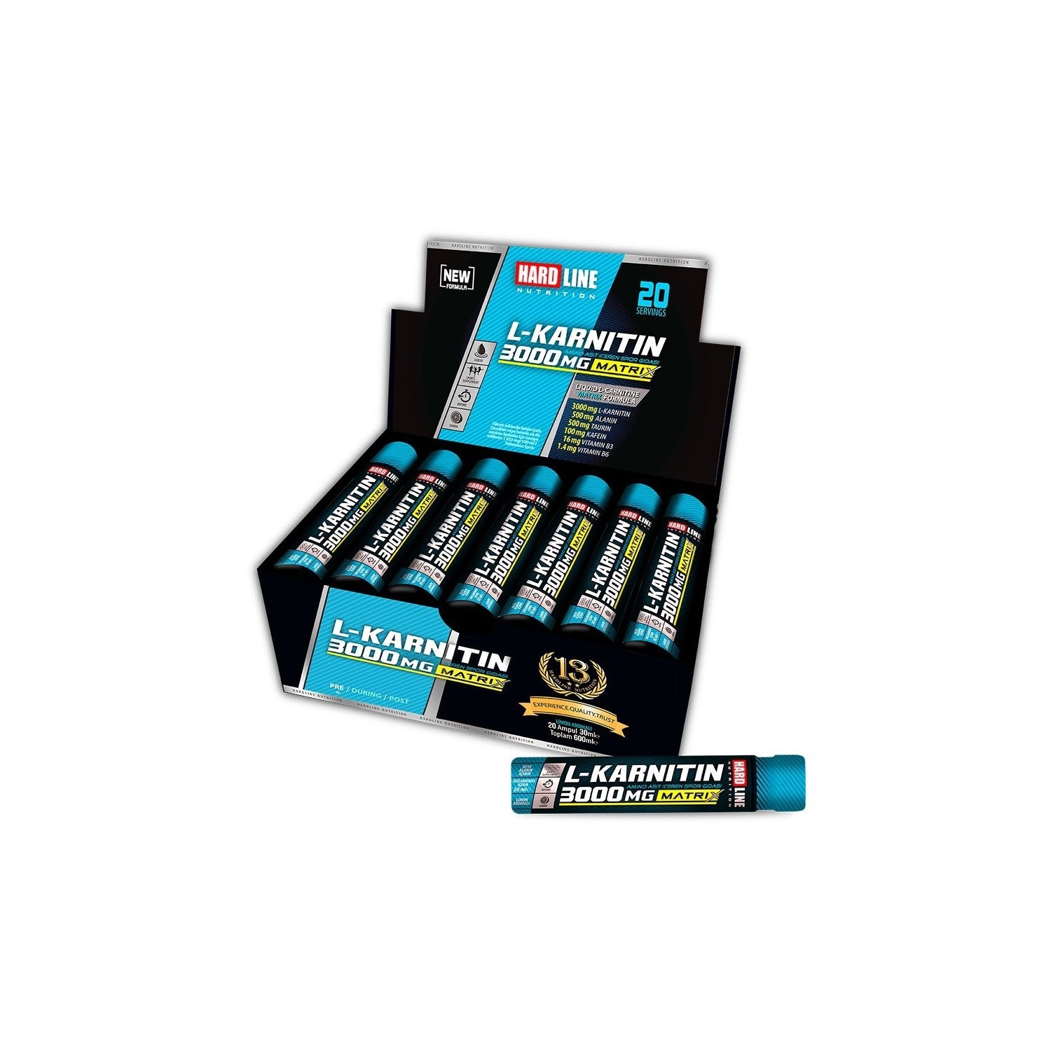 Hardline Nutrition L-Carnitine Matrix L-carnitine, Beta-alanine, Caffeine 3000mg Lemon Flavored 20 Packs (30 ml) - MALLTURK