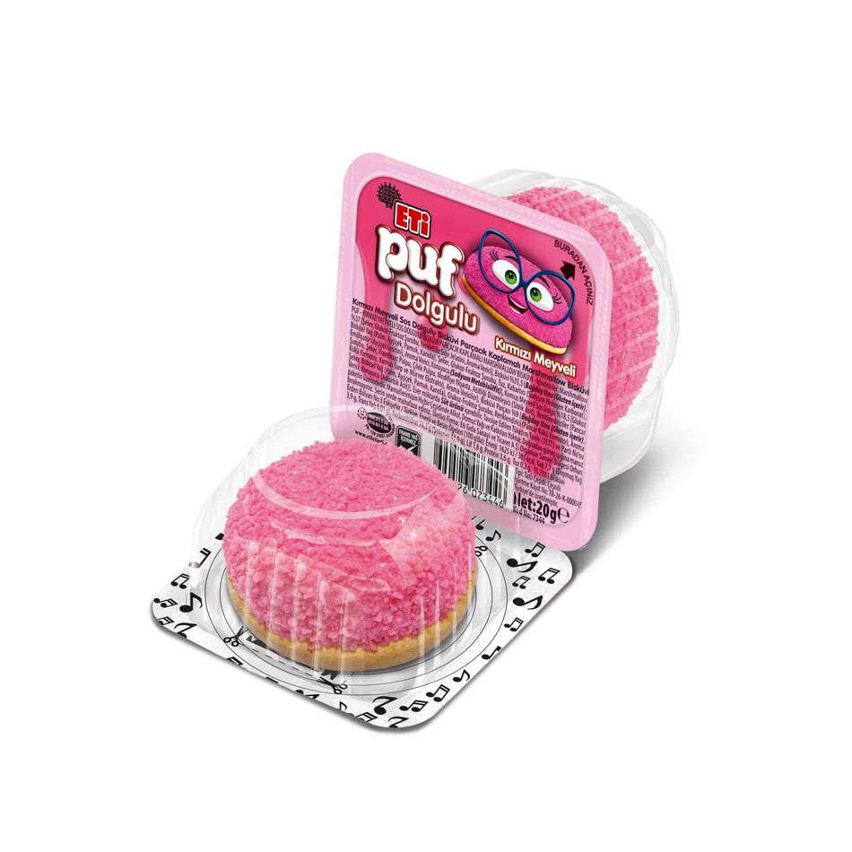 Puf granulierte, überzogene Marshmallow-Kekse mit roten Früchten, Eti