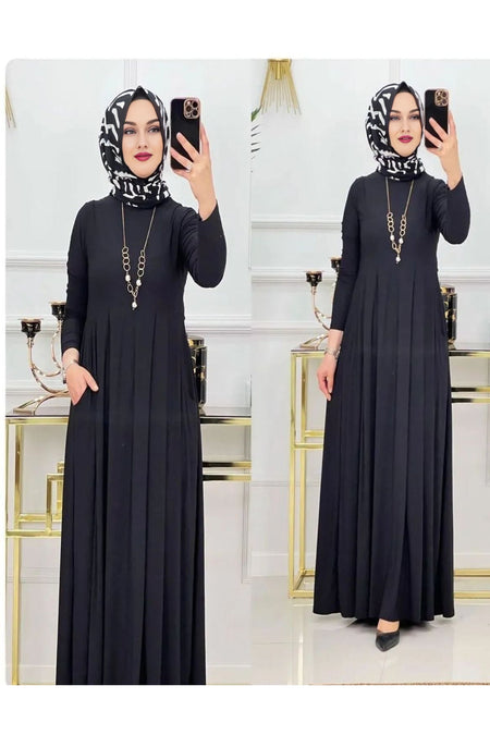 Asil Tesettür Dress Full Length Pleated Dress Black - MALLTURK