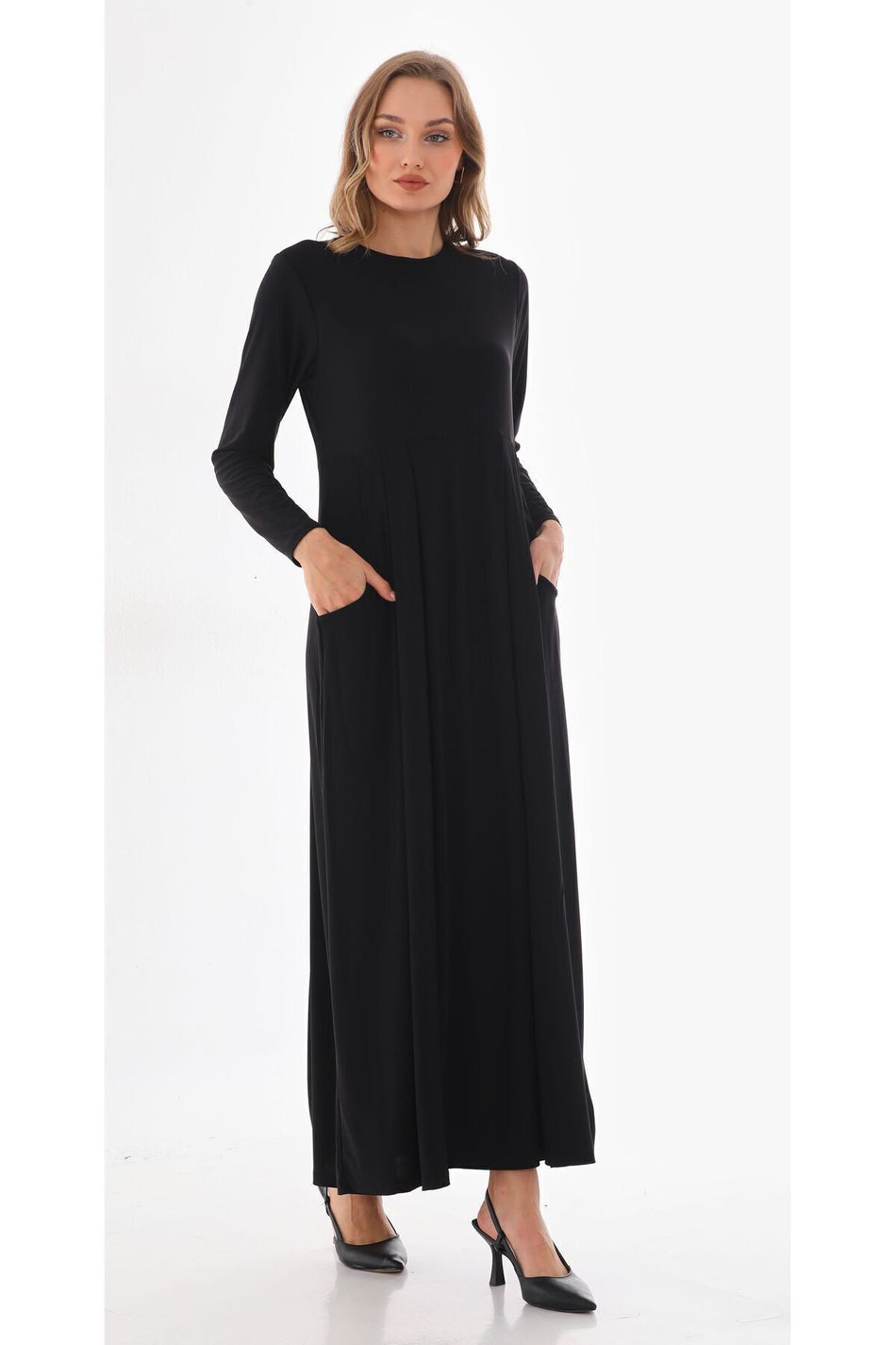 Asil Tesettür Dress Full Length Pleated Dress Black - MALLTURK