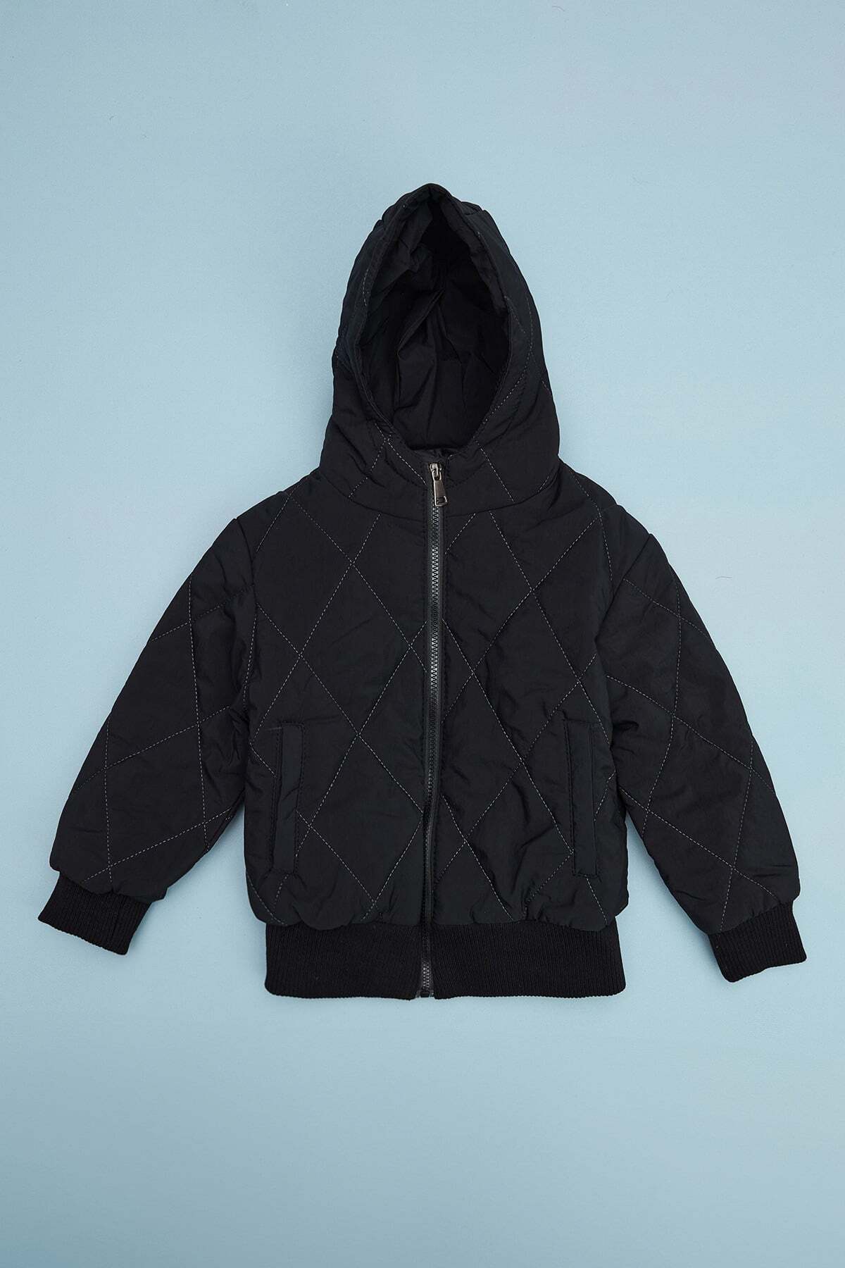 Baklava Pattern Quilted Hooded Unisex Children's Coat - MALLTURK