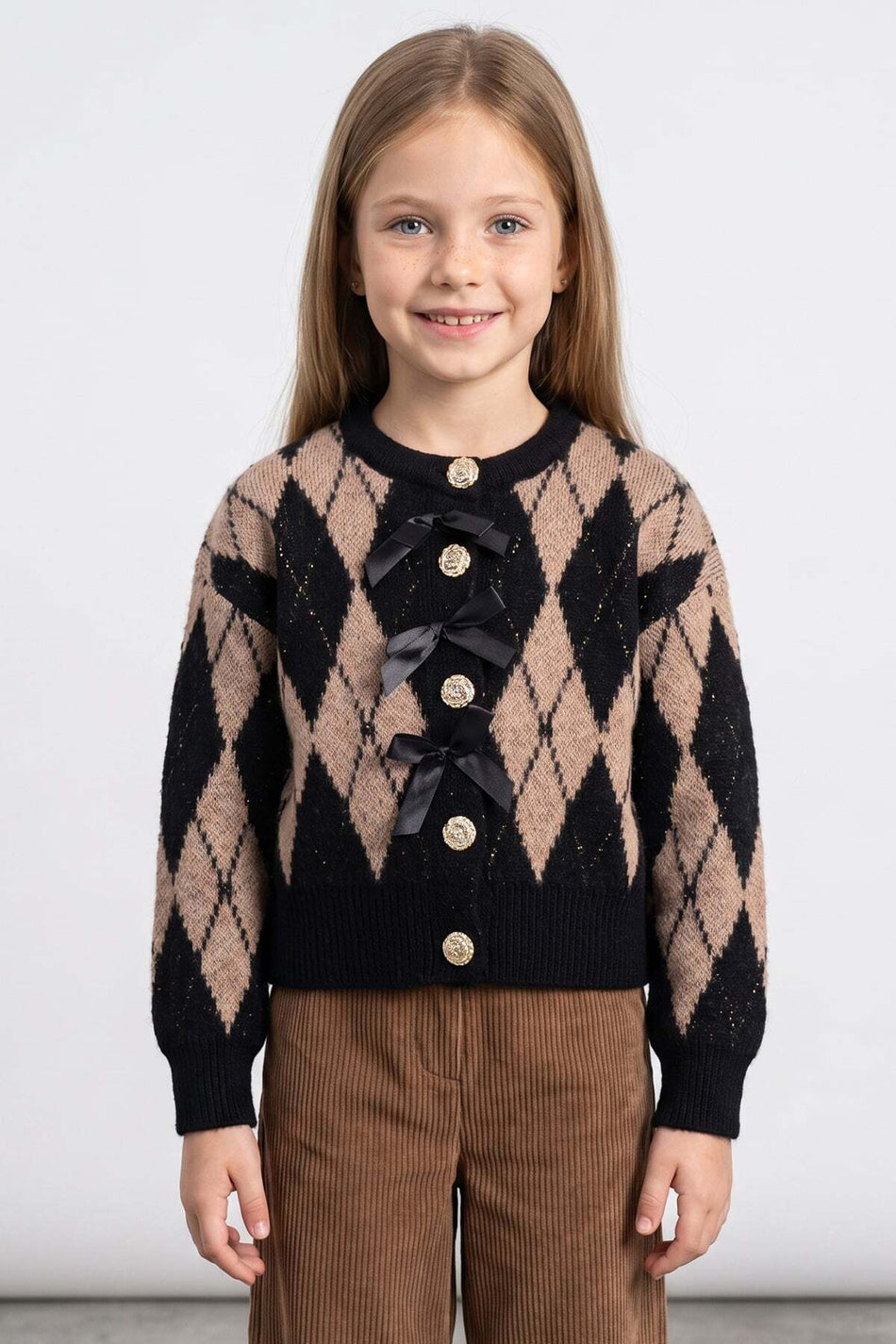 Baklava Patterned Glitter Ribbon Girls' Cardigan - MALLTURK