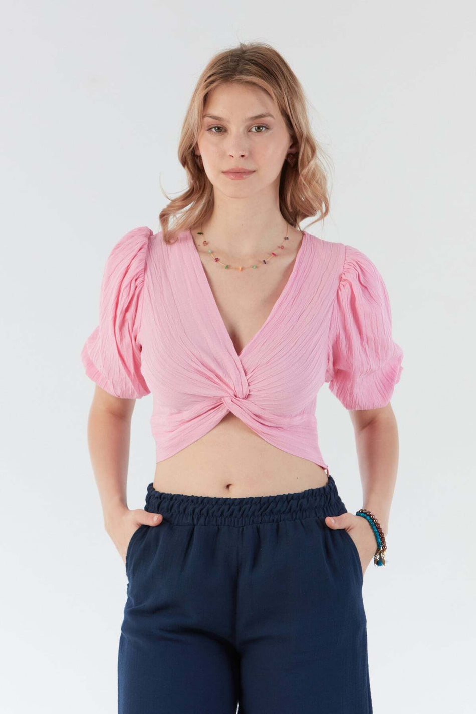 Balloon Sleeve Blouse with Knot on the Front - MALLTURK