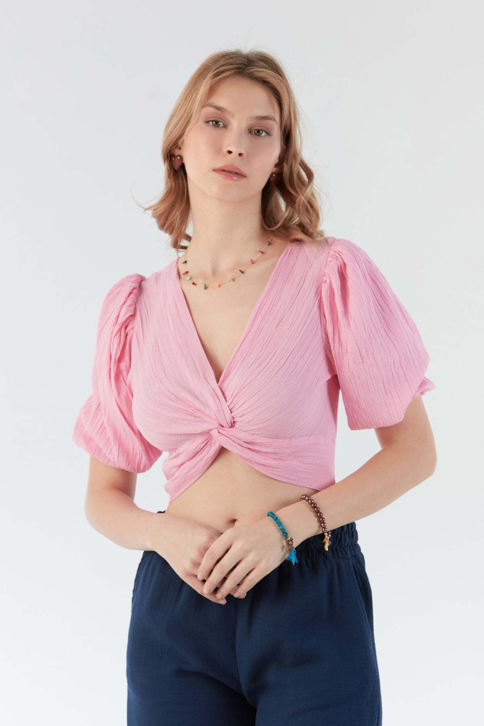 Balloon Sleeve Blouse with Knot on the Front - MALLTURK