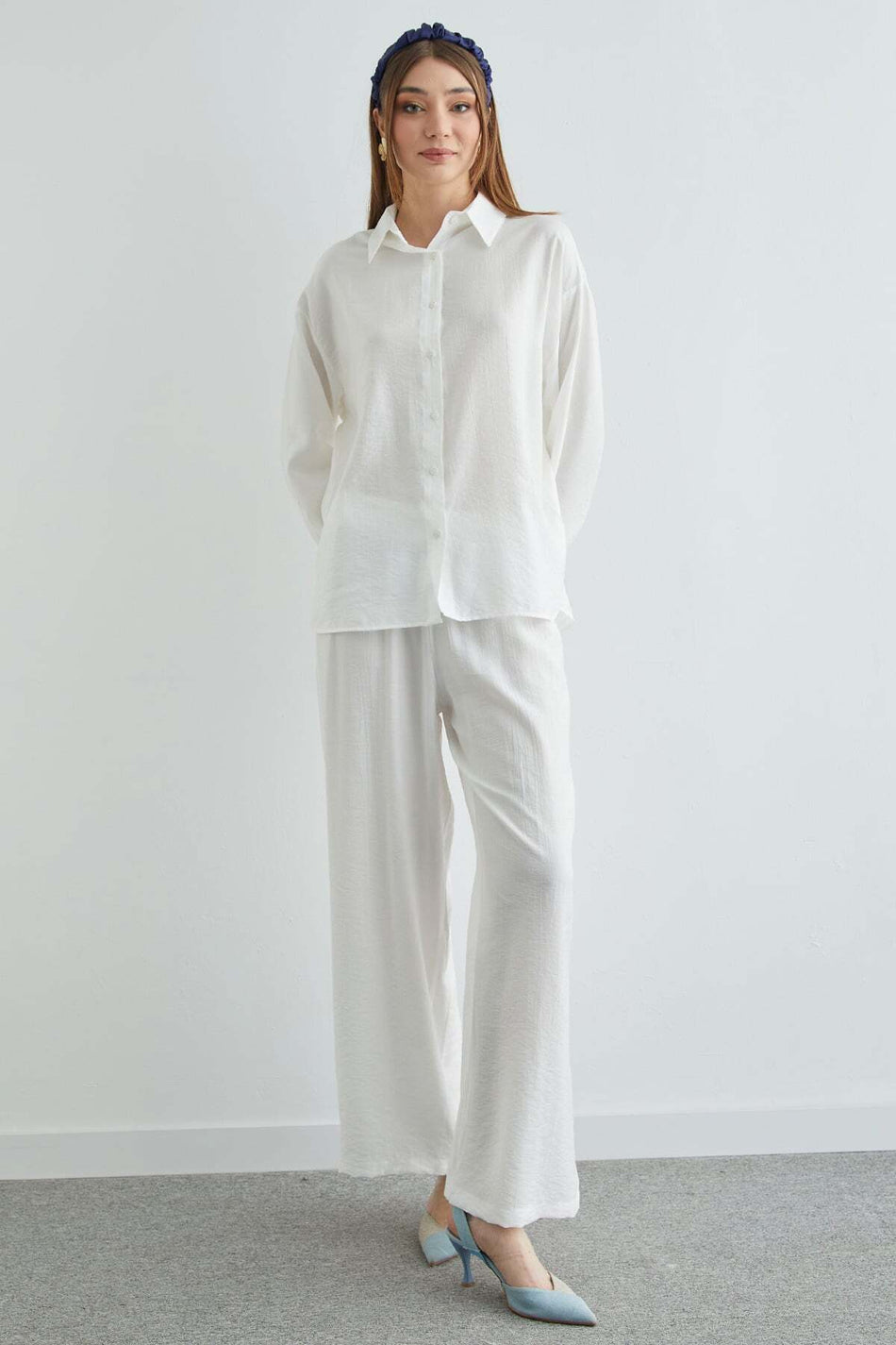 Basic Buttoned Casual Crinkle 2-Piece Set - MALLTURK