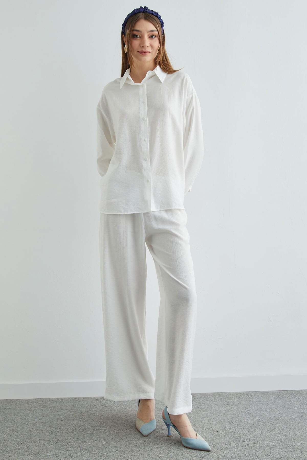 Basic Buttoned Casual Crinkle 2-Piece Set - MALLTURK