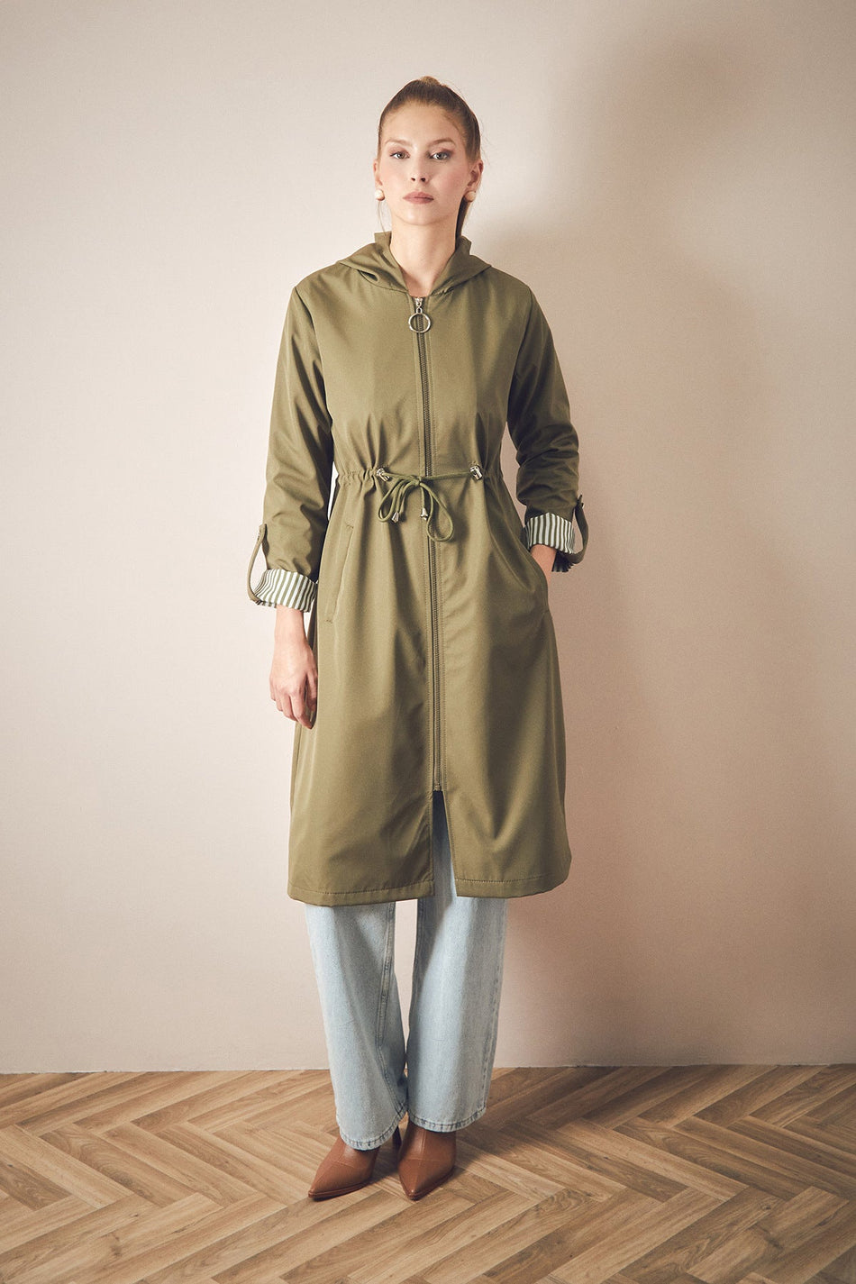 Basic Elastic Waist Sleeve Folded Hooded Trench Coat - MALLTURK