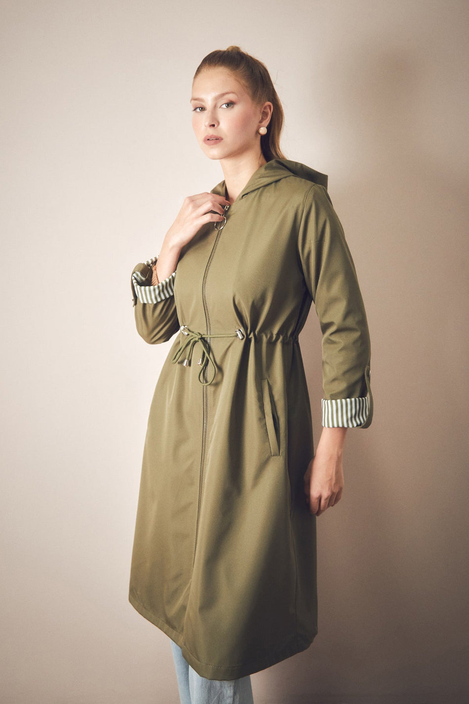 Basic Elastic Waist Sleeve Folded Hooded Trench Coat - MALLTURK