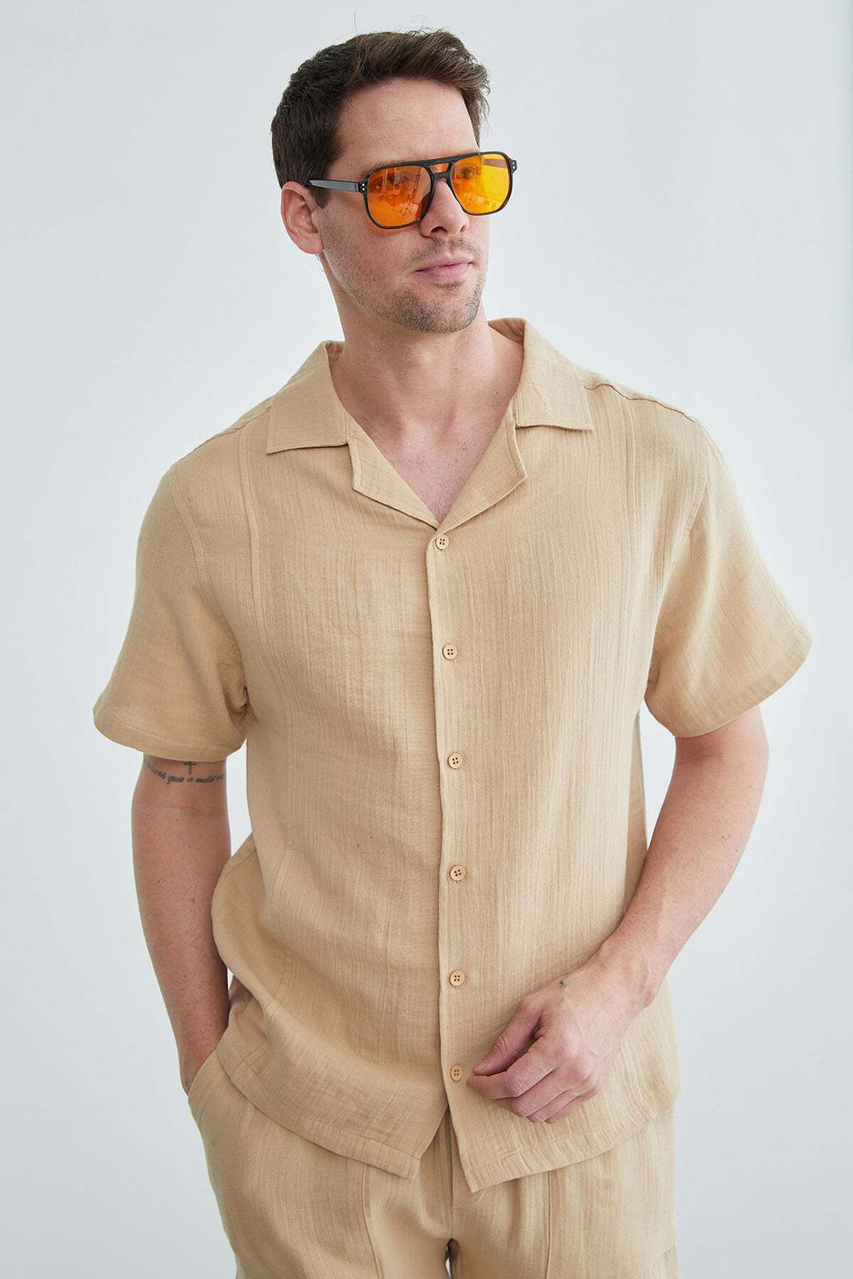 Basic Muslin Fabric Short Sleeve Shirt - MALLTURK