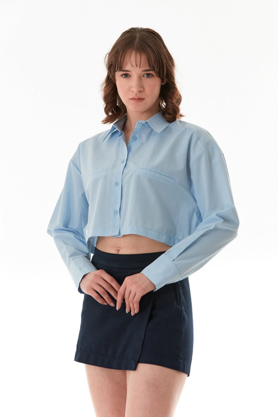 Basic Pocket Detailed Terikoton Crop Shirt - MALLTURK
