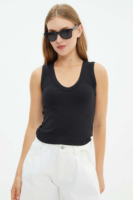 Basic Ribbed V-Neck Blouse - MALLTURK
