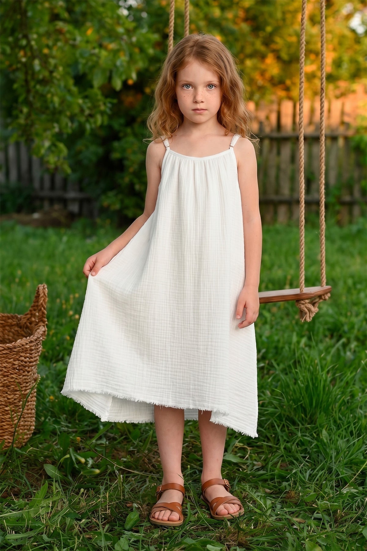 Basic Strappy Skirt with Ripped Hem Girls' Muslin Dress - MALLTURK