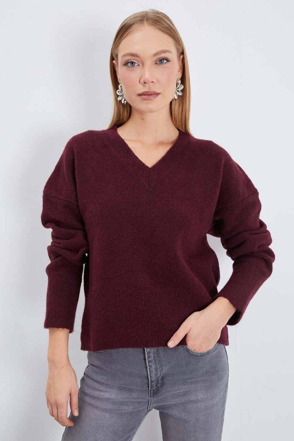 Basic V-Neck Oversize Knitwear Sweater - MALLTURK