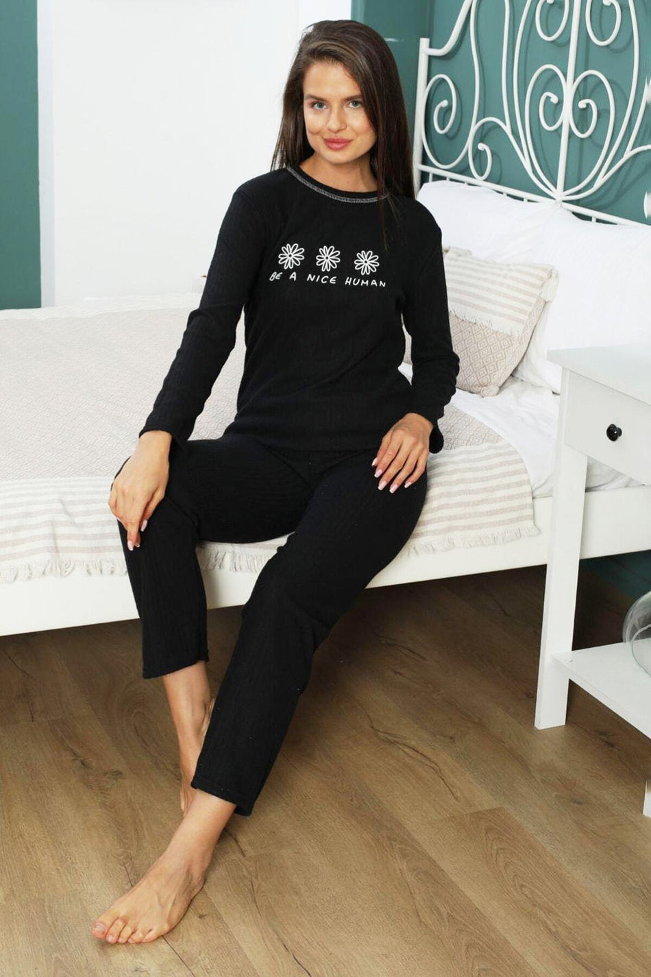 Be a Nice Human Printed Plus Size Pajama Set - MALLTURK