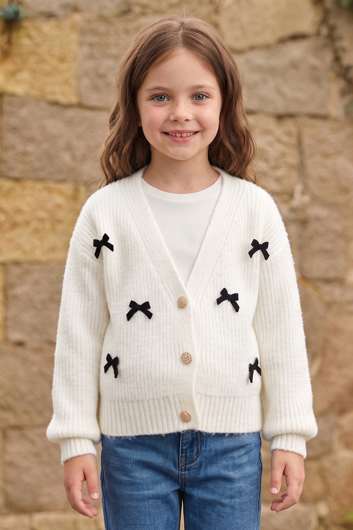 Bearded Bowknot Buttoned Girls' Knitwear Cardigan - MALLTURK