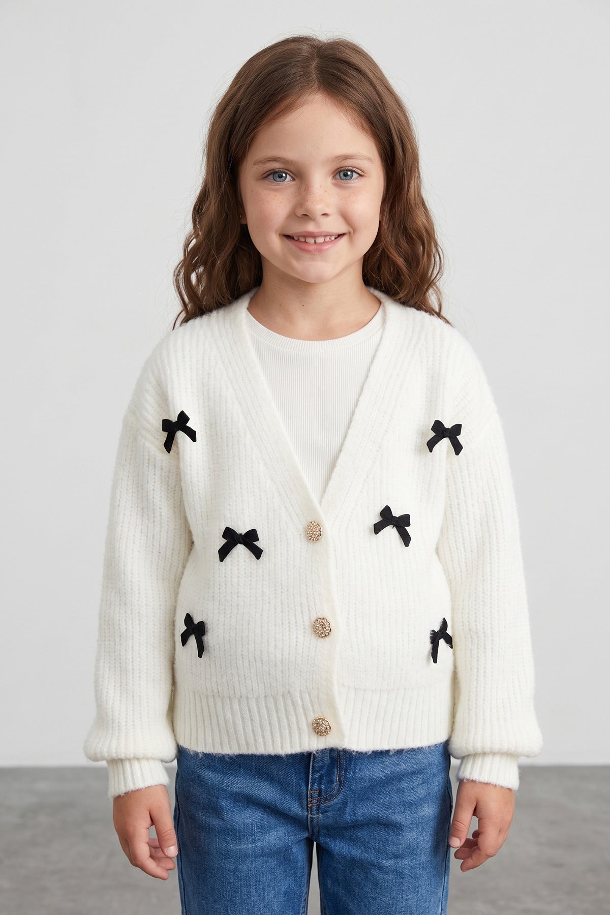 Bearded Bowknot Buttoned Girls' Knitwear Cardigan - MALLTURK