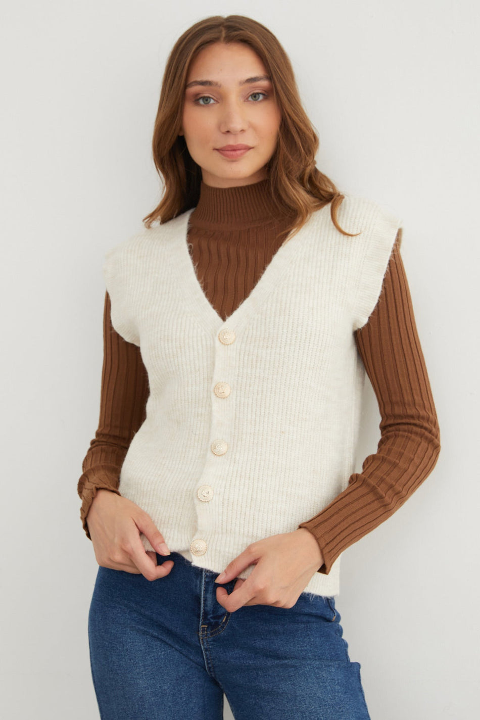 Bearded Buttoned V-Neck Oversize Vest - MALLTURK