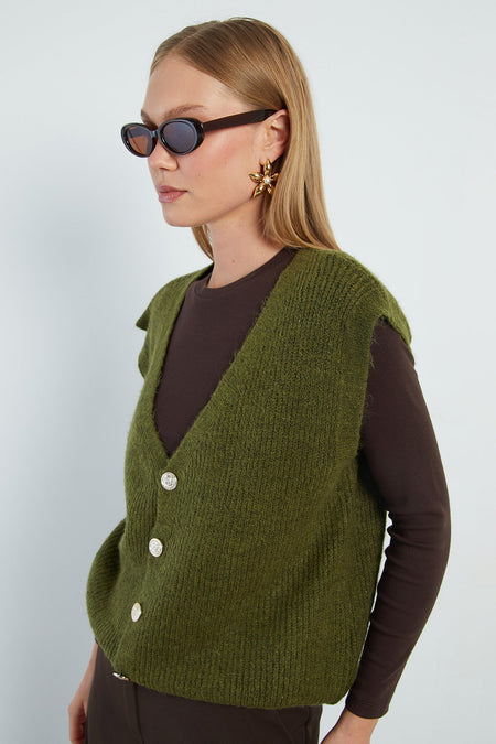 Bearded Buttoned V-Neck Oversize Vest - MALLTURK