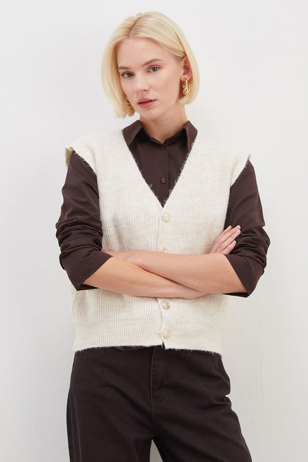 Bearded Buttoned V-Neck Oversize Vest - MALLTURK