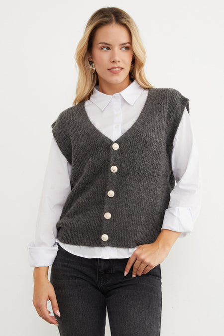 Bearded Buttoned V-Neck Oversize Vest - MALLTURK