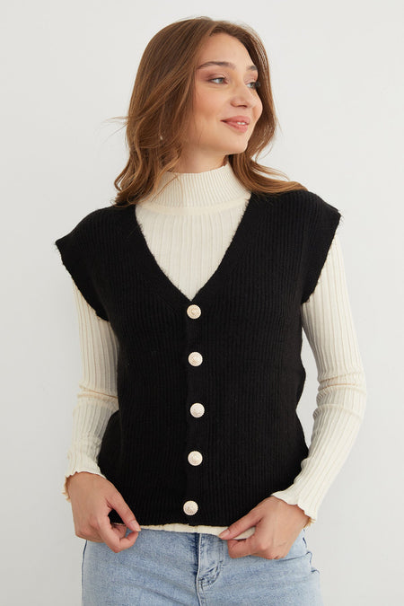 Bearded Buttoned V-Neck Oversize Vest - MALLTURK