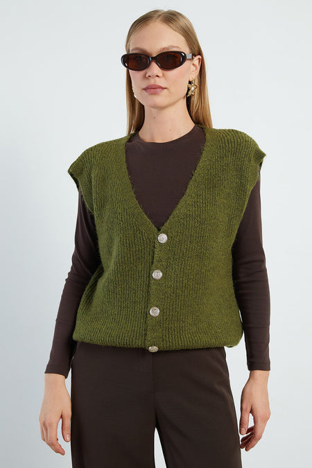 Bearded Buttoned V-Neck Oversize Vest - MALLTURK