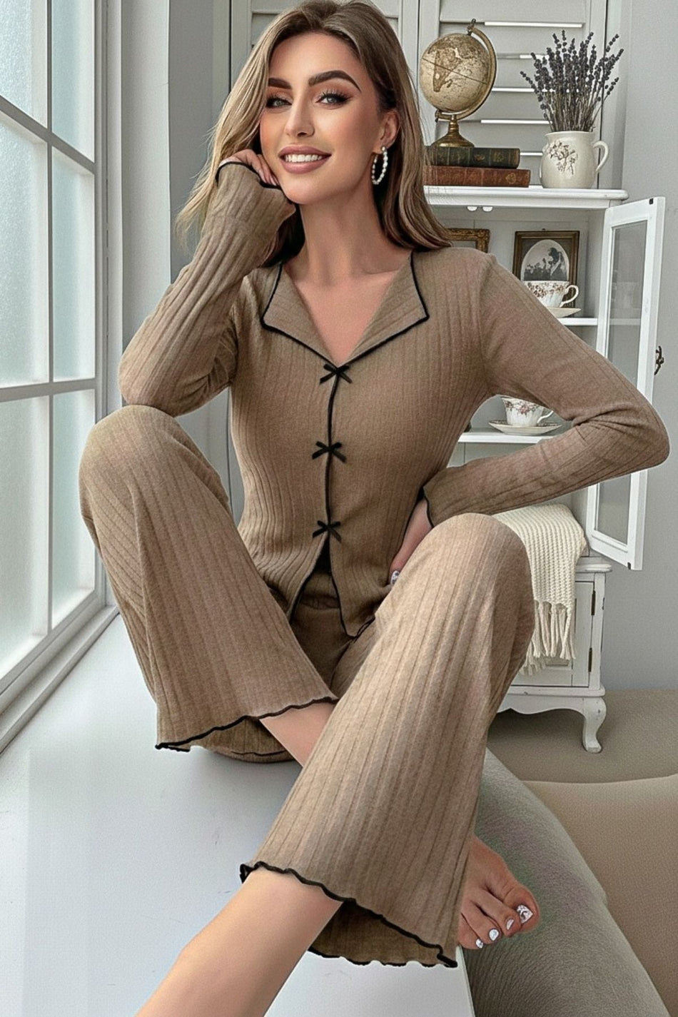 Beige Bow Detail Long Sleeve Pajama Set - MALLTURK