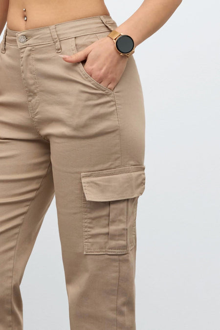 Beige Cargo Pocket Gabardine Fabric Trousers - MALLTURK