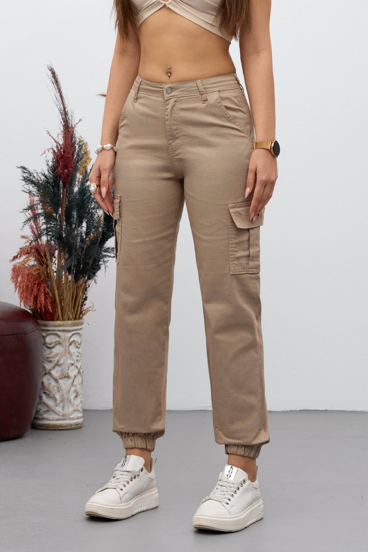 Beige Cargo Pocket Gabardine Fabric Trousers - MALLTURK