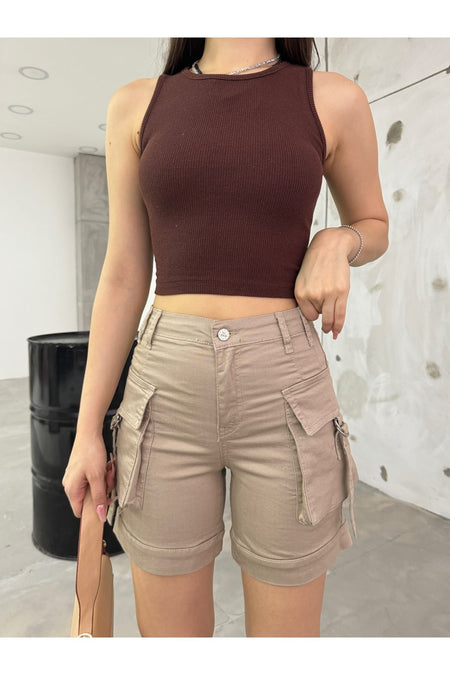 Beige Cargo Pocket High-Waisted Stretch Denim Shorts - MALLTURK
