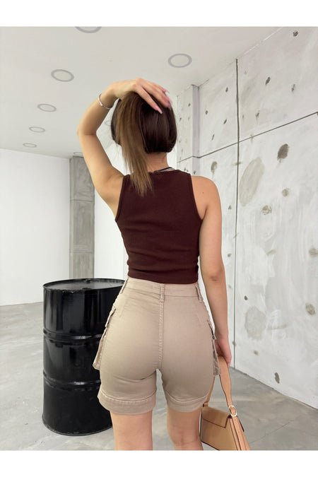 Beige Cargo Pocket High-Waisted Stretch Denim Shorts - MALLTURK