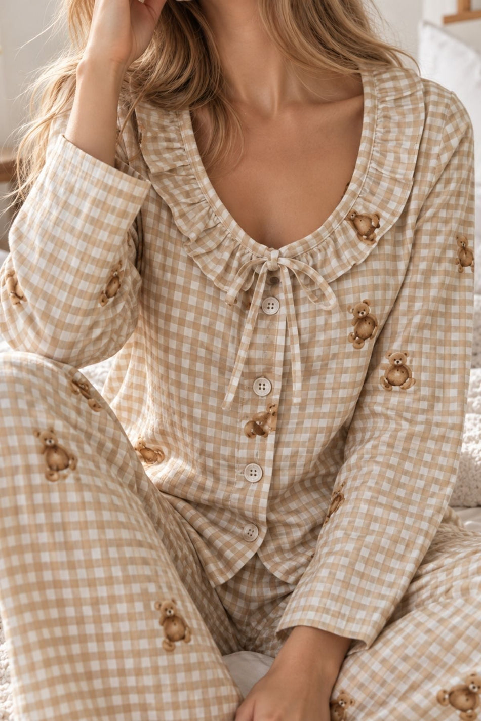 Beige Gingham Teddy Bear Patterned Ruffle Collar Tie Detail Long Sleeve Viscose Woven Pajama Set - MALLTURK