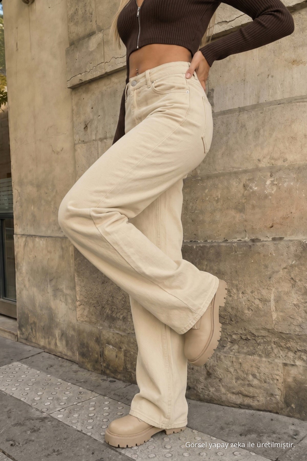 Beige High Waist Wide Leg Palazzo Jeans - MALLTURK