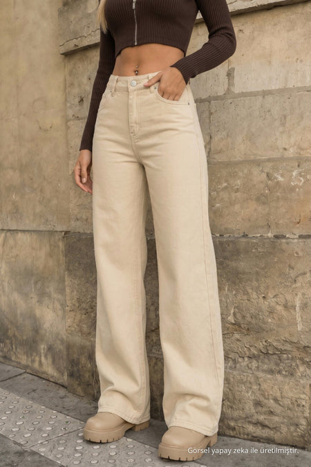 Beige High Waist Wide Leg Palazzo Jeans - MALLTURK