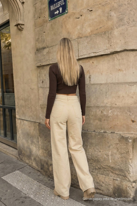 Beige High Waist Wide Leg Palazzo Jeans - MALLTURK