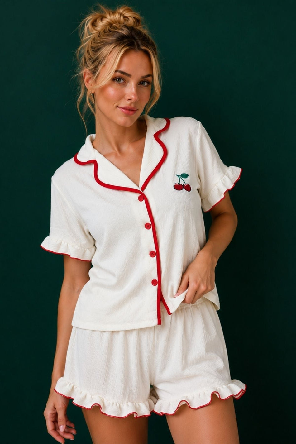 Beige Red Piping Detailed Cherry Embroidered Baby Collar Short Sleeve Pajama Set with Shorts - MALLTURK