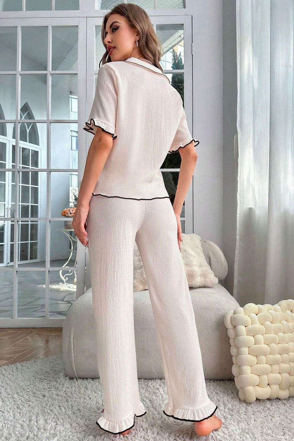 Beige Short Sleeve Buttoned Seasonal Pajama Set - MALLTURK