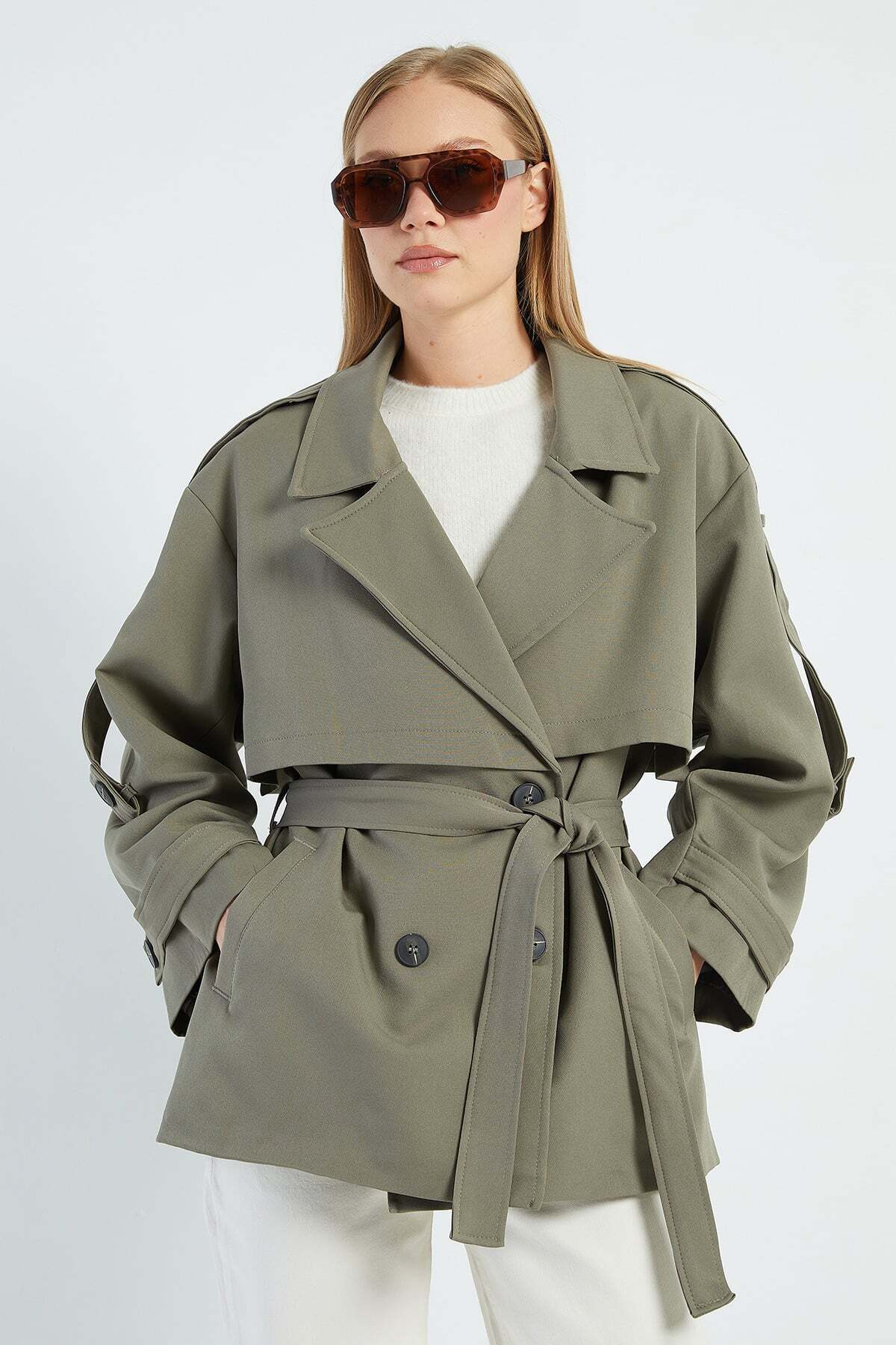 Beli Belted Double-Breasted Collar Oversize Trench Coat - MALLTURK